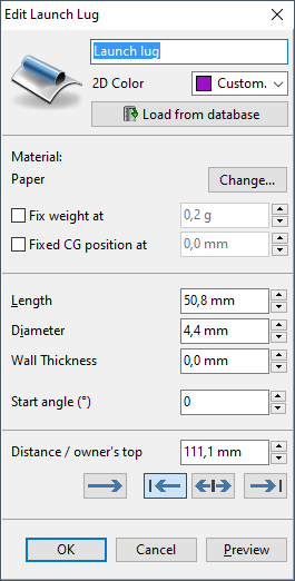 SpaceCAD launch lug dialog