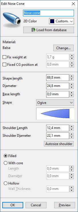 SpaceCAD nose cone dialog